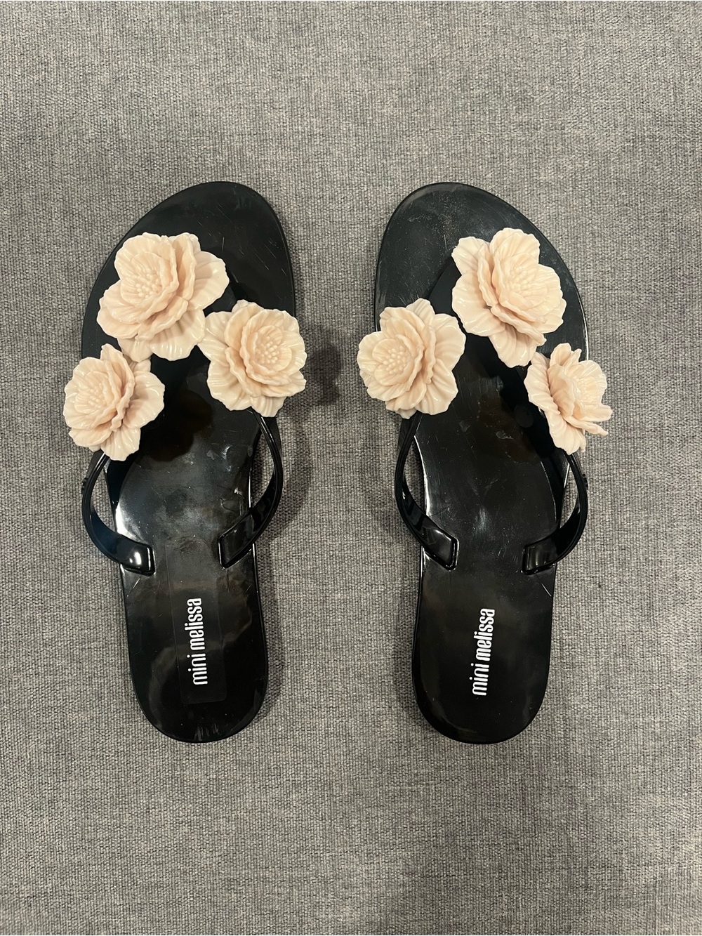 Mini Melissa Black Jelly Sandals with Blush Floral Appliqués